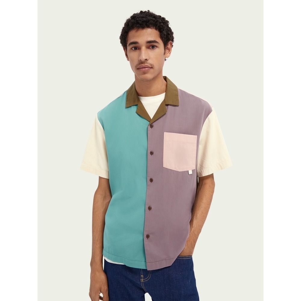 Scotch & Soda Mens Colorblock Camp Collar Short Sleeve Button Up Shirt Medium